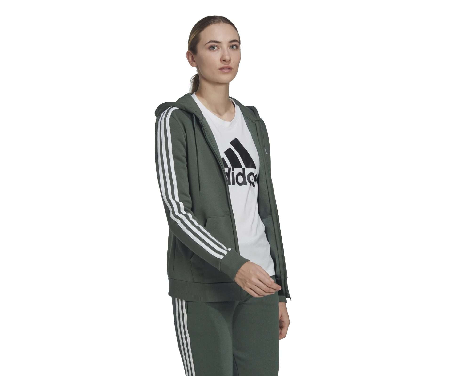 adidas Women's Essentials Fleece 3-Stripes Full-Zip Hoodie - Green Oxide / White
