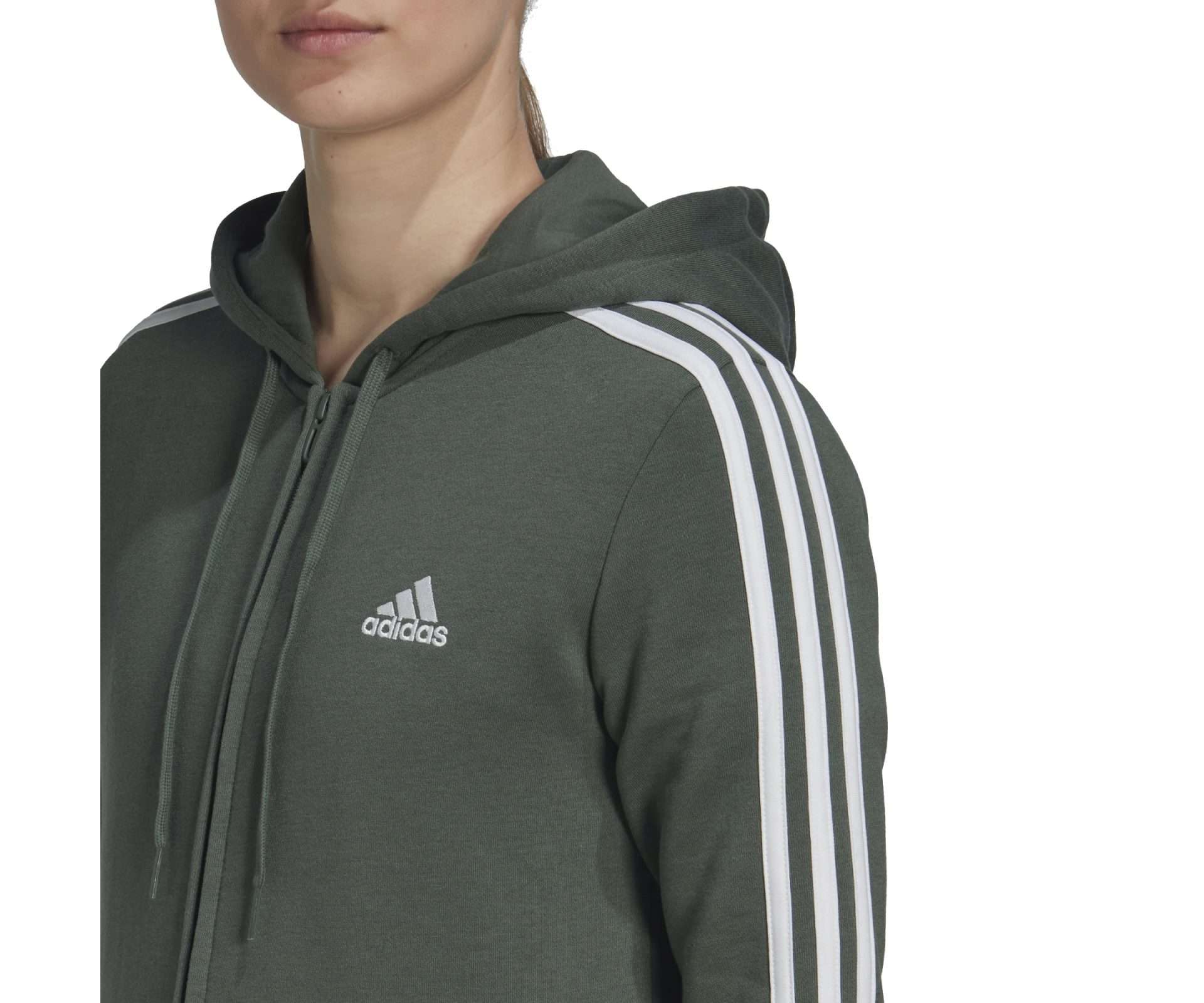 adidas Women's Essentials Fleece 3-Stripes Full-Zip Hoodie - Green Oxide / White
