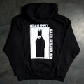 Black hoodie with graphic design and text on a dark surface