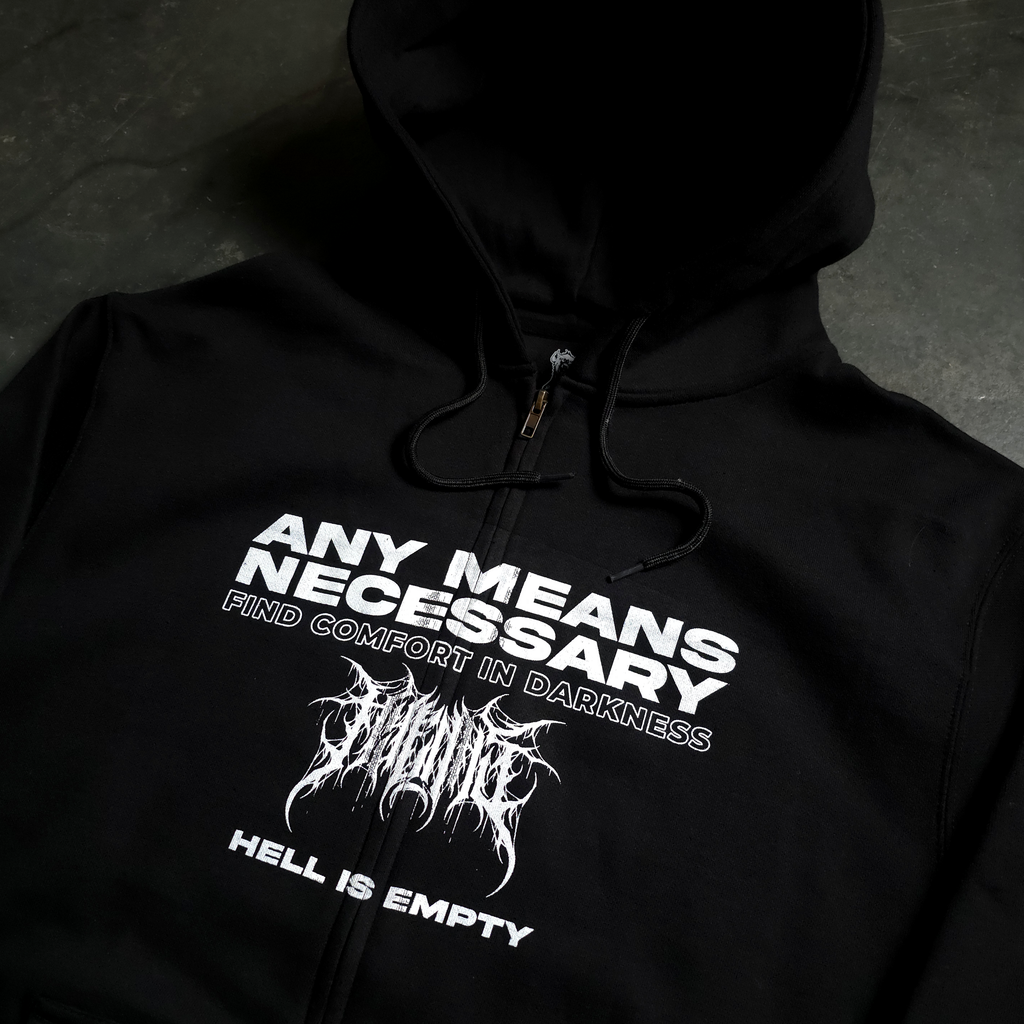 Close-up of zipper and screen print on black Hell Is Empty hoodie