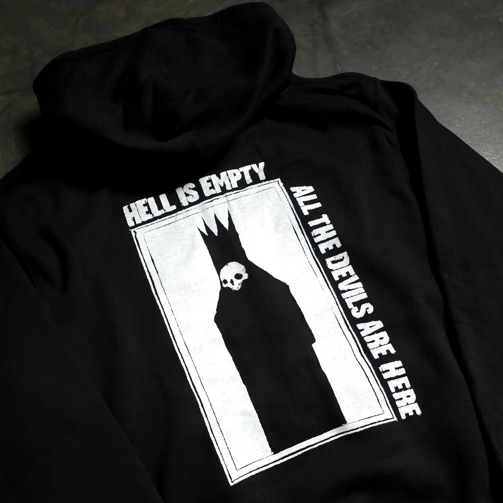 Close-up of printed graphic detail on Hell Is Empty hoodie