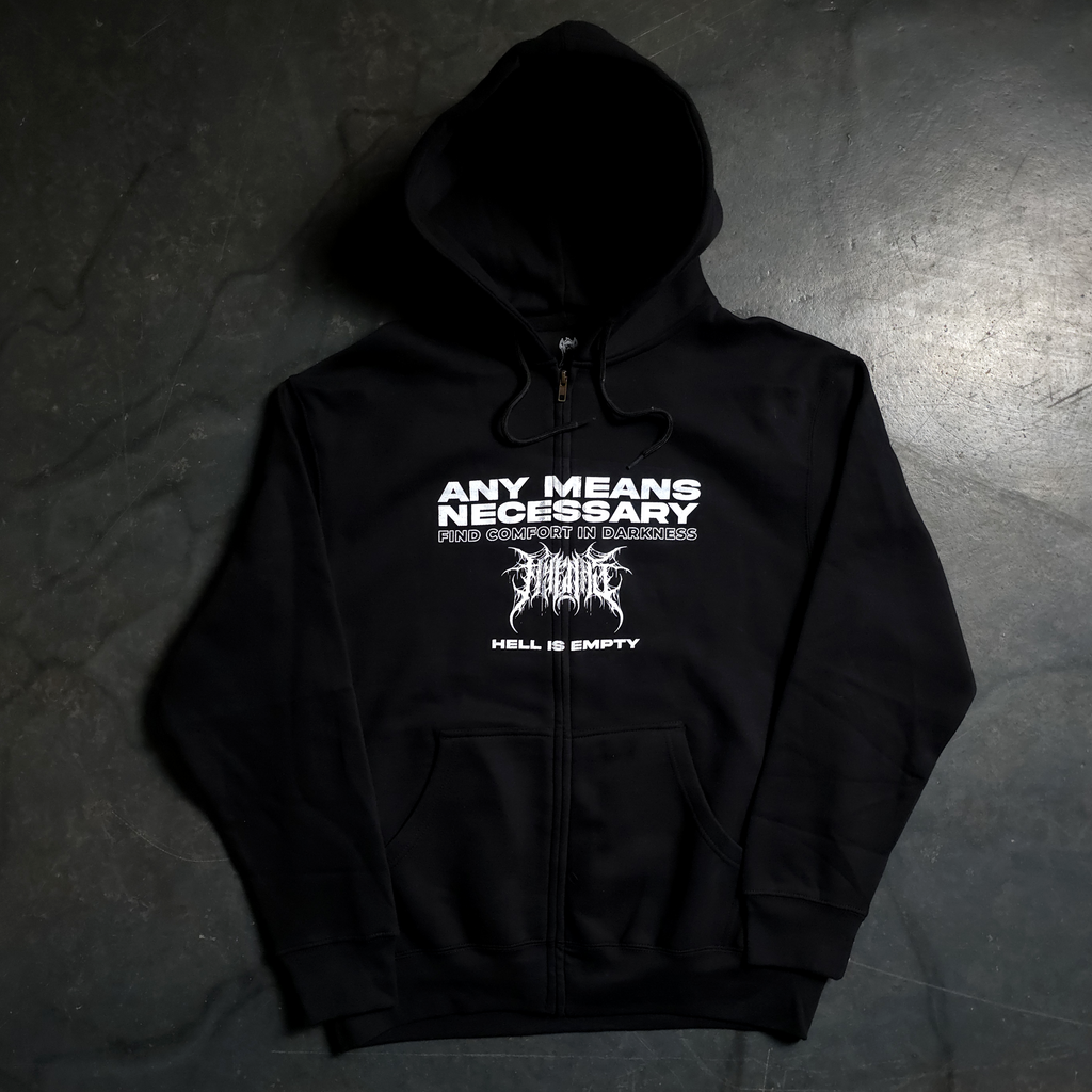 Black hoodie with white text and logo on a dark textured surface