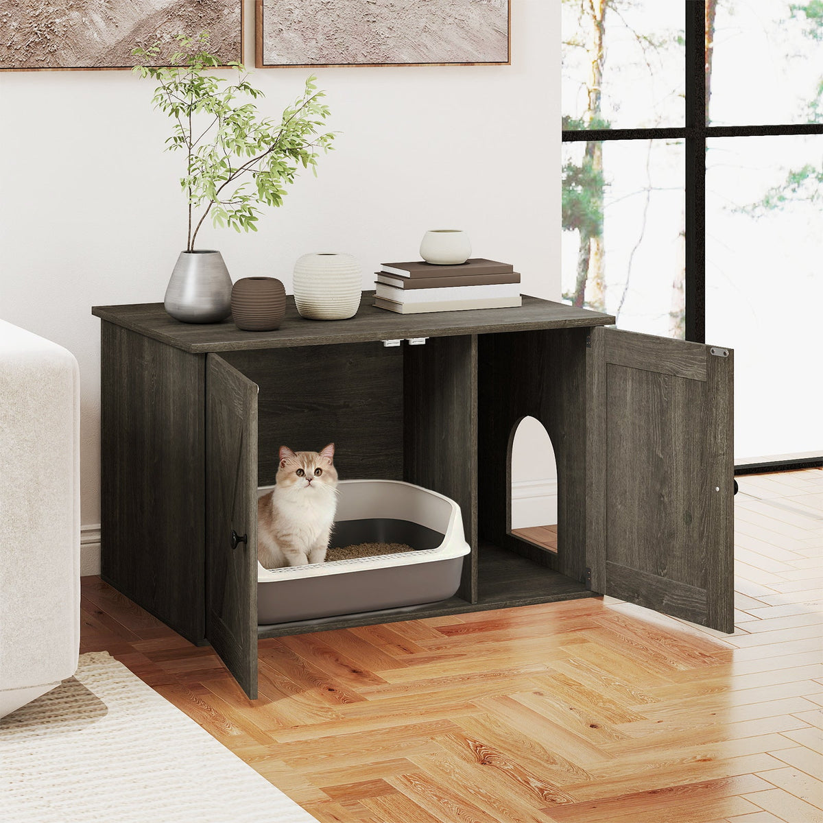 Hidden Cat Litter Box Enclosure Cabinet with Barn Doors