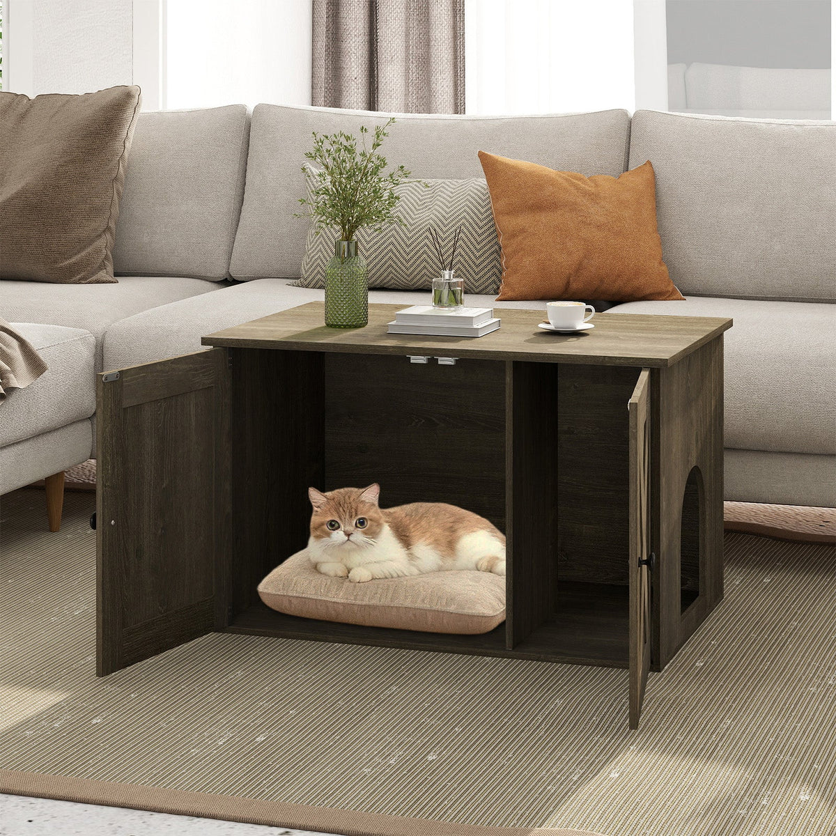 Hidden Cat Litter Box Enclosure Cabinet with Barn Doors
