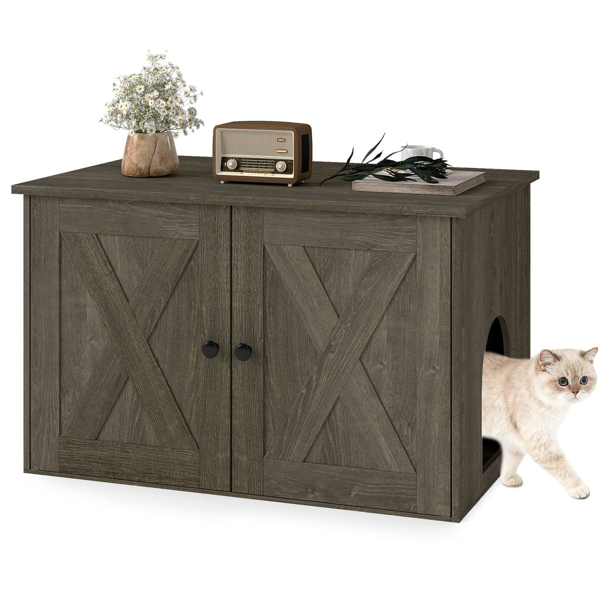 Hidden Cat Litter Box Enclosure Cabinet with Barn Doors