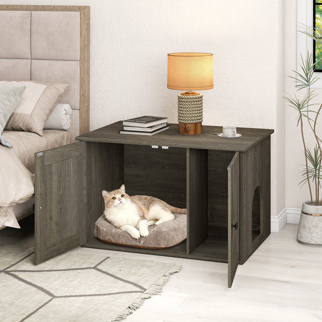 Hidden Cat Litter Box Enclosure Cabinet with Barn Doors