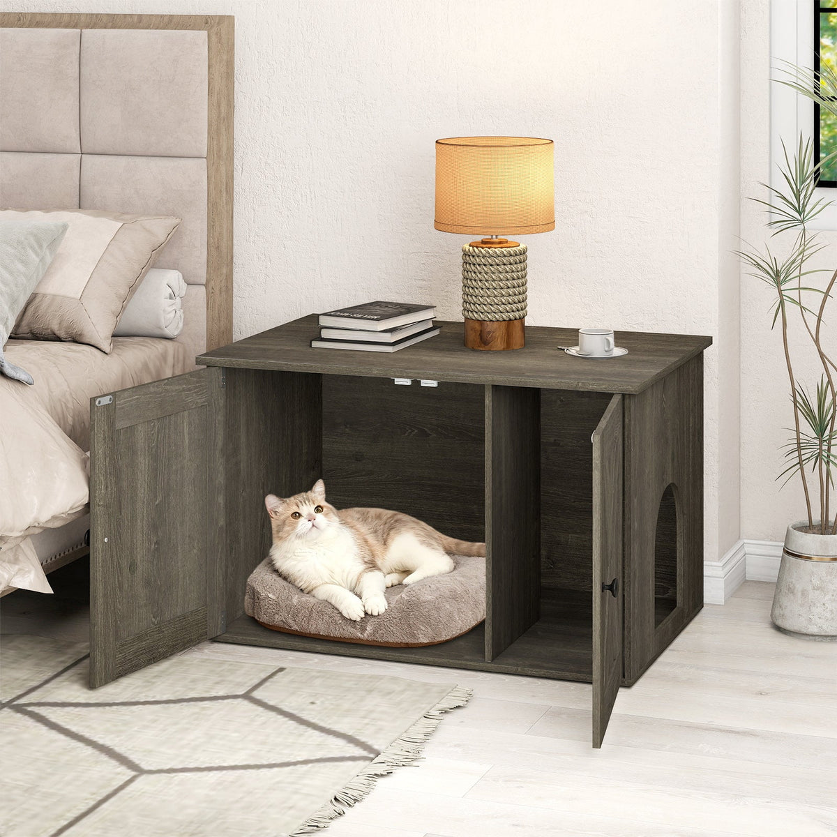 Hidden Cat Litter Box Enclosure Cabinet with Barn Doors