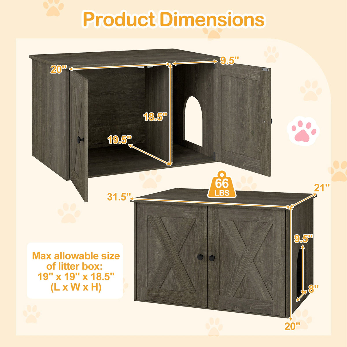 Hidden Cat Litter Box Enclosure Cabinet with Barn Doors