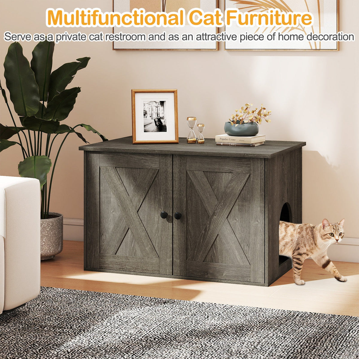 Hidden Cat Litter Box Enclosure Cabinet with Barn Doors