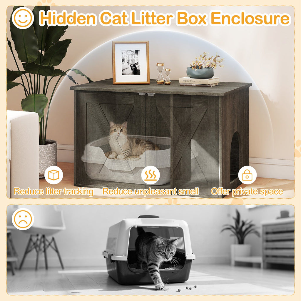 Hidden Cat Litter Box Enclosure Cabinet with Barn Doors