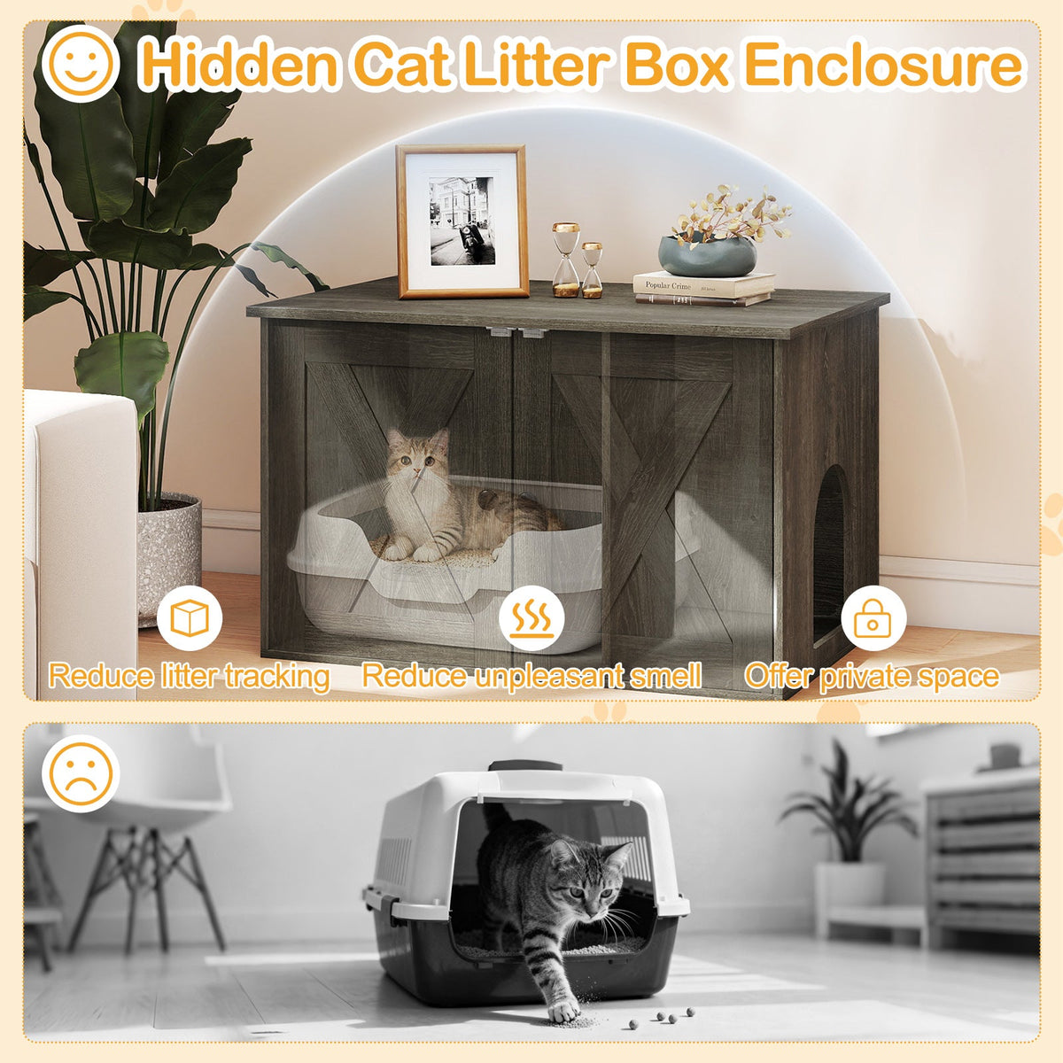 Hidden Cat Litter Box Enclosure Cabinet with Barn Doors