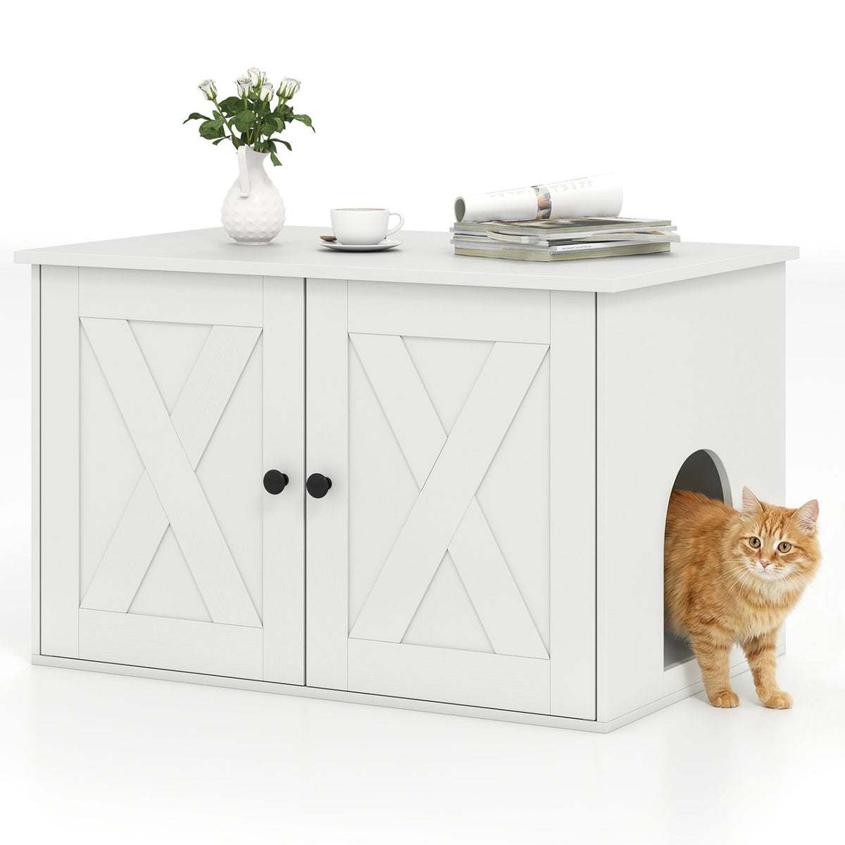 Hidden Cat Litter Box Enclosure Cabinet with Barn Doors
