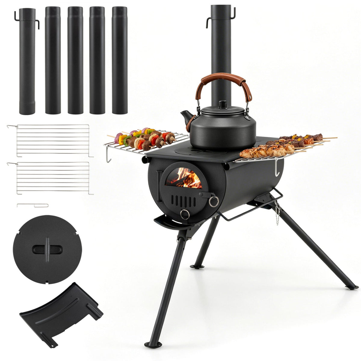Carbon Steel Wood Burning Camp Tent Stove with 5 Chimney Pipes