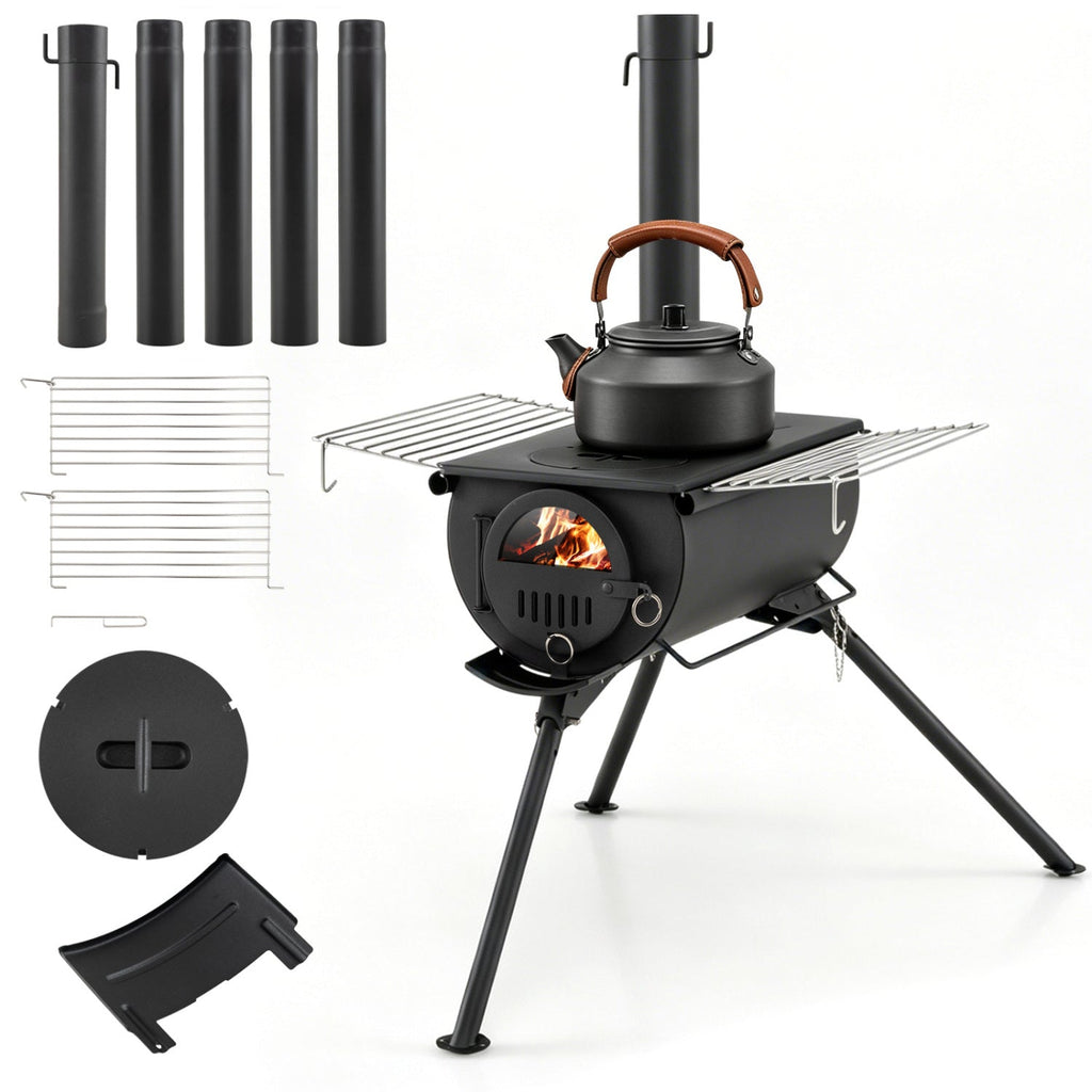 Carbon Steel Wood Burning Camp Tent Stove with 5 Chimney Pipes