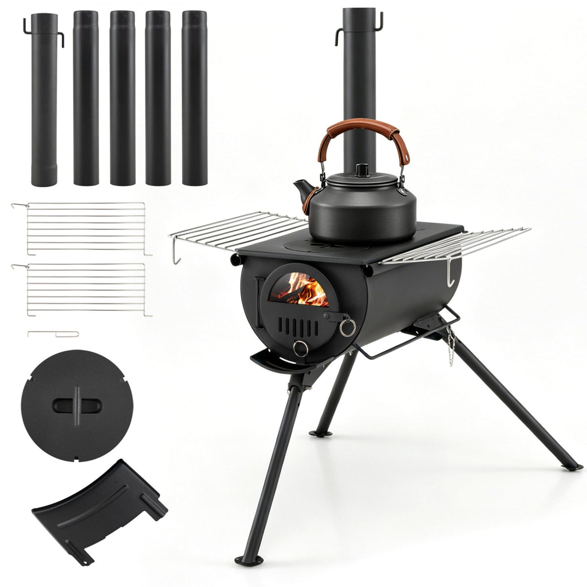 Carbon Steel Wood Burning Camp Tent Stove with 5 Chimney Pipes