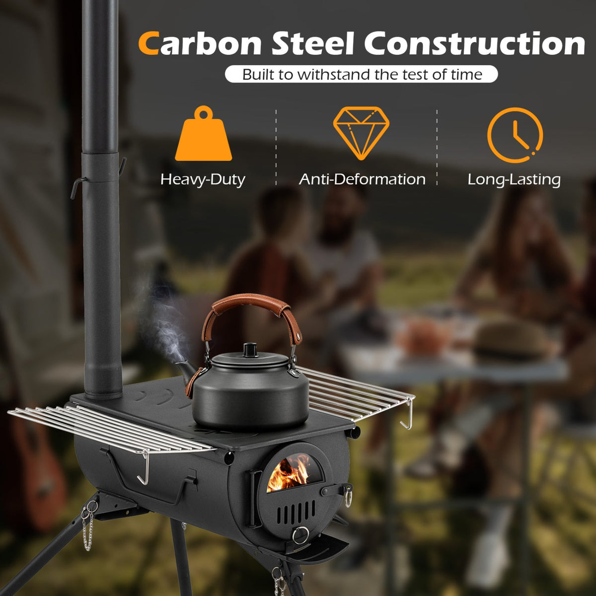 Carbon Steel Wood Burning Camp Tent Stove with 5 Chimney Pipes