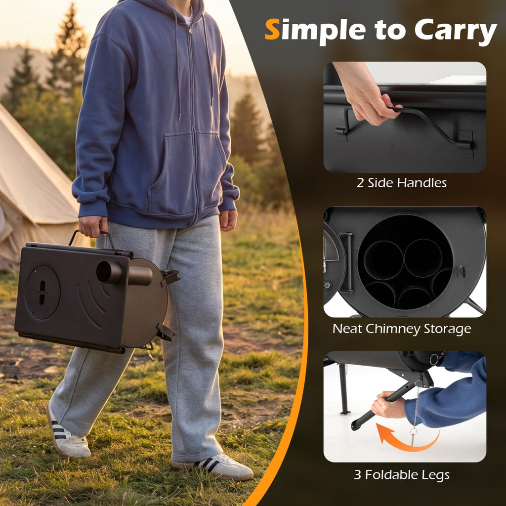 Carbon Steel Wood Burning Camp Tent Stove with 5 Chimney Pipes