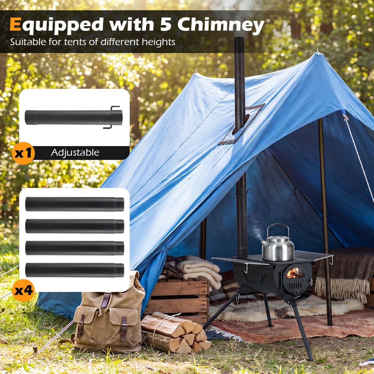 Carbon Steel Wood Burning Camp Tent Stove with 5 Chimney Pipes