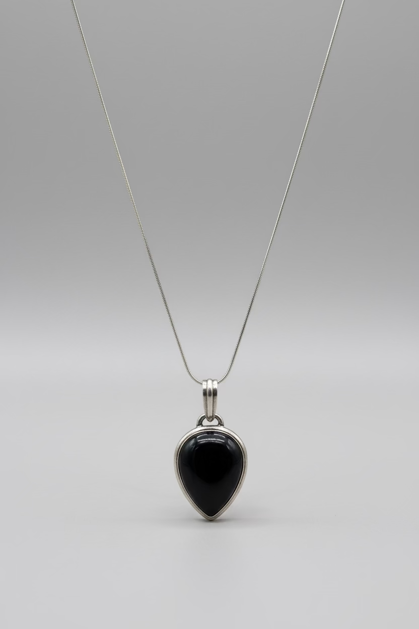 Black Onyx Teardrop Pendant – Genuine Gemstone | Silver-Tone Setting | Statement Jewelry