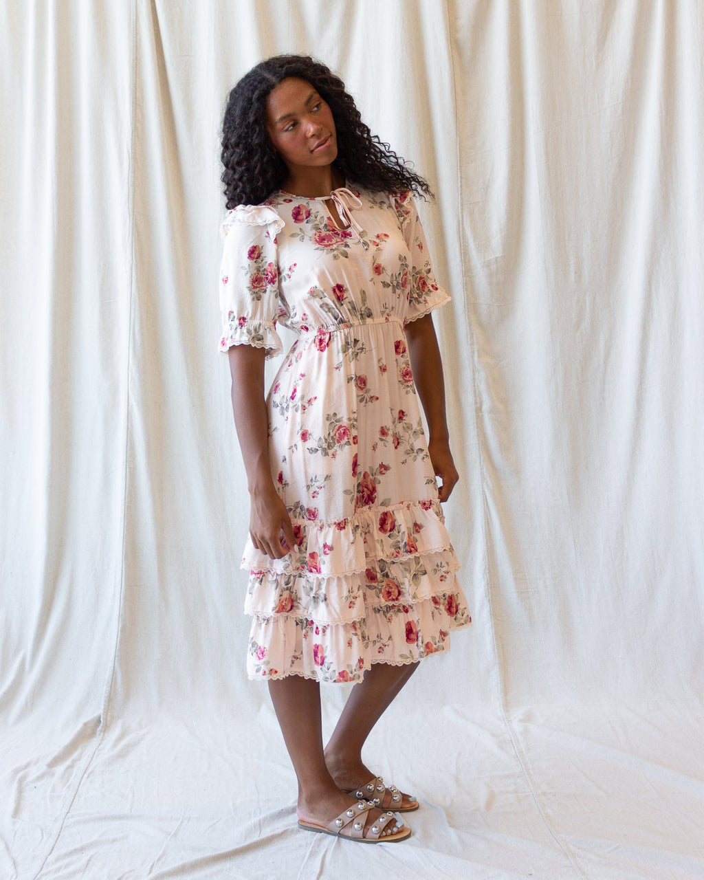 Vintage Romance Dress — Lace-Trim Tiered Midi