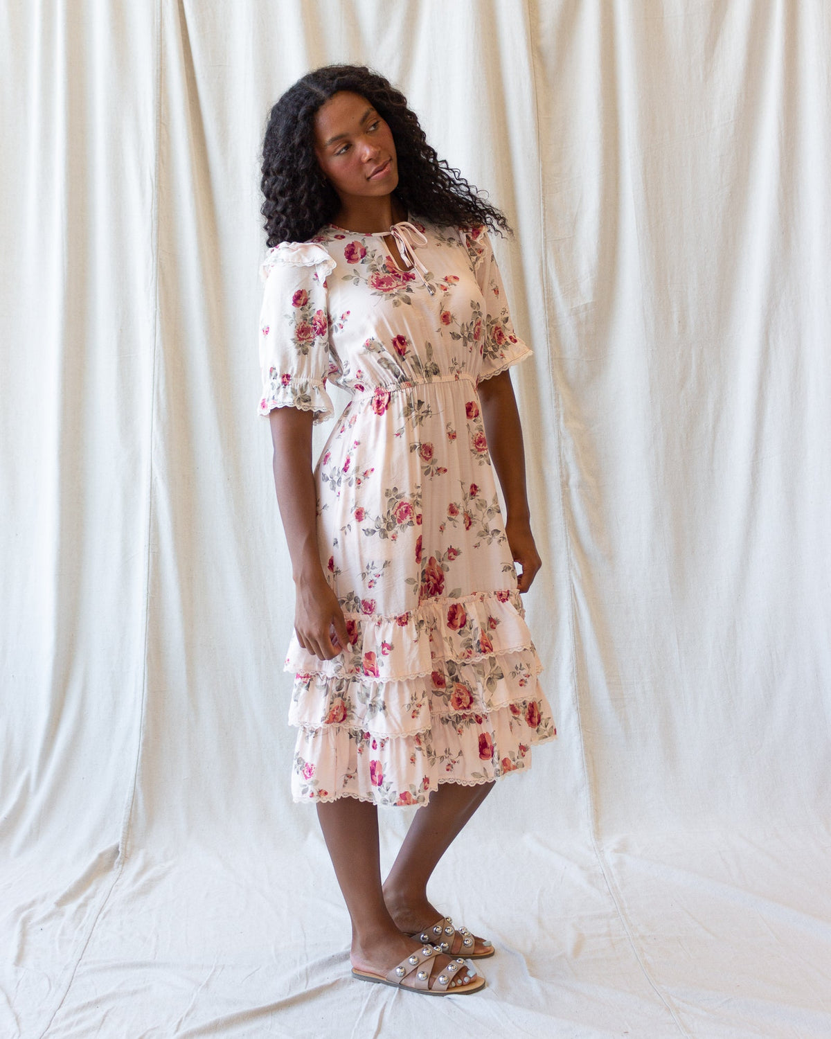 Vintage Romance Dress — Lace-Trim Tiered Midi