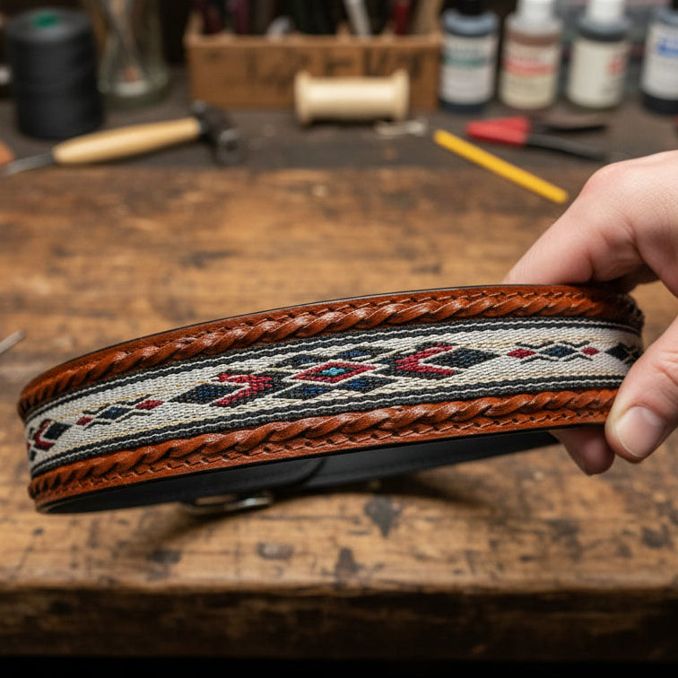 Hand-Tooled Western Leather Belt – Woven Aztec Diamond Pattern