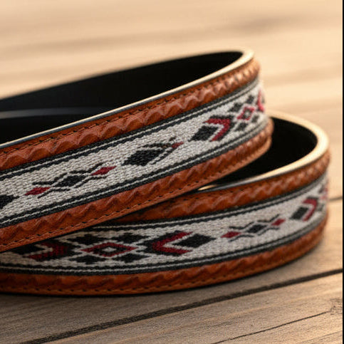 Hand-Tooled Western Leather Belt – Woven Aztec Diamond Pattern