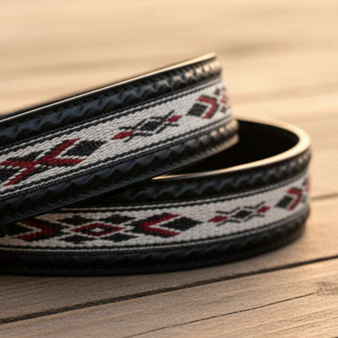 Hand-Tooled Western Leather Belt – Woven Aztec Diamond Pattern