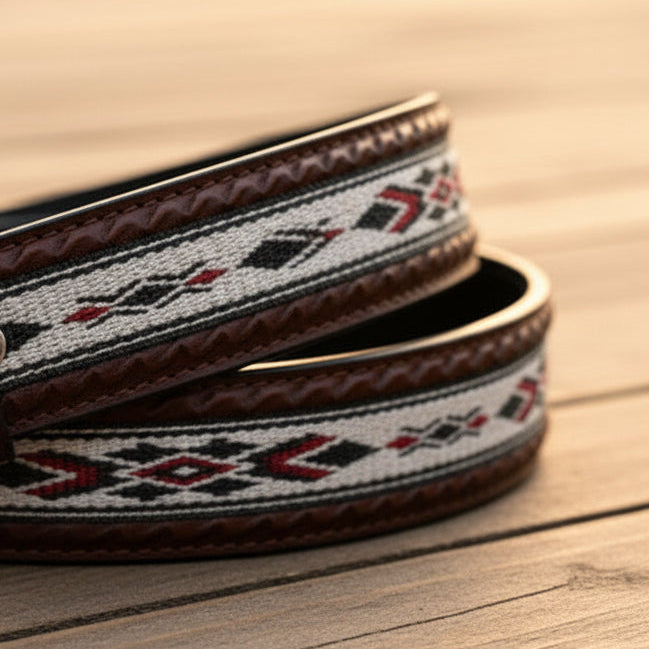 Hand-Tooled Western Leather Belt – Woven Aztec Diamond Pattern
