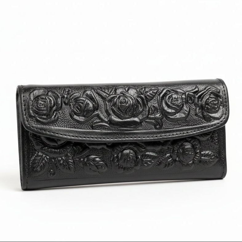 Ladies Leather Western Wallet – Hand-Tooled Floral Bifold | Black