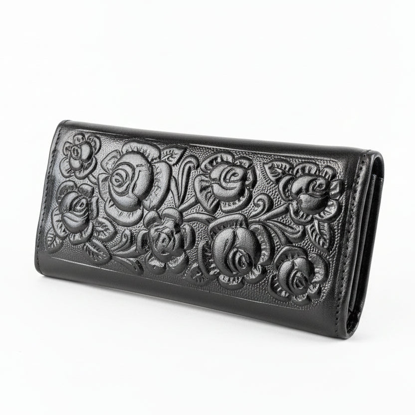 Ladies Leather Western Wallet – Hand-Tooled Floral Bifold | Black
