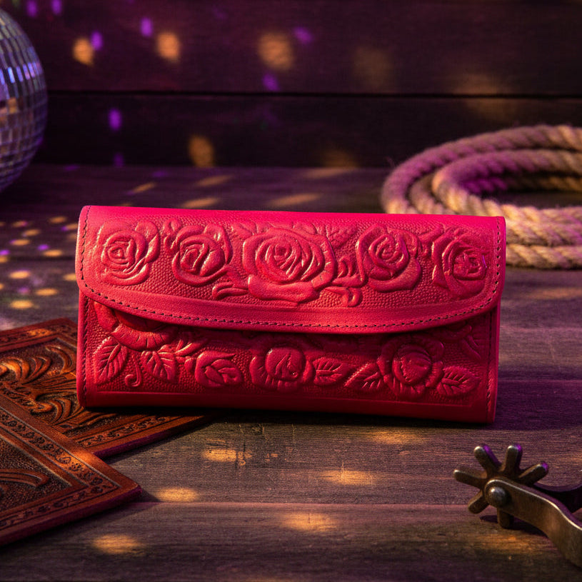 Hand-Tooled Leather Western Wallet – Pink Floral Bifold Clutch, Handcrafted in Mexico