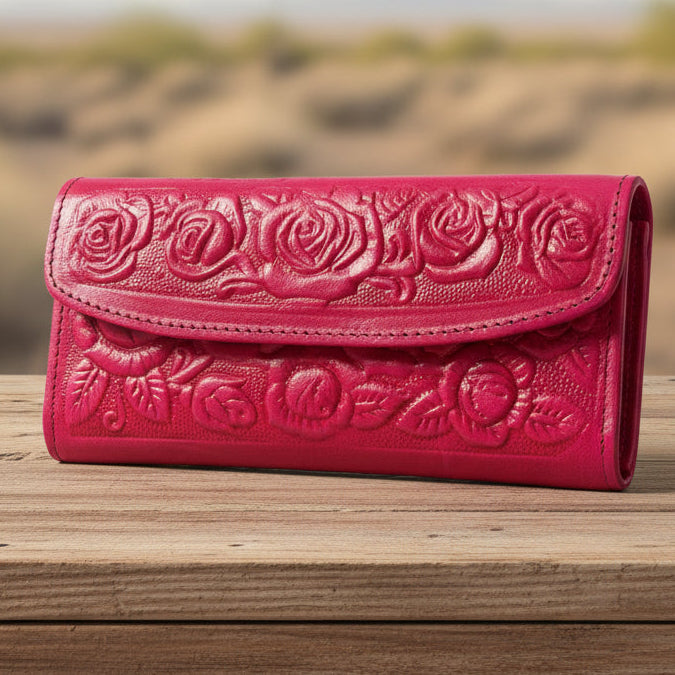 Hand-Tooled Leather Western Wallet – Pink Floral Bifold Clutch, Handcrafted in Mexico