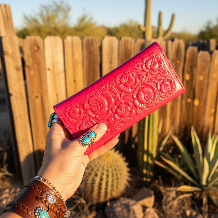 Hand-Tooled Leather Western Wallet – Pink Floral Bifold Clutch, Handcrafted in Mexico