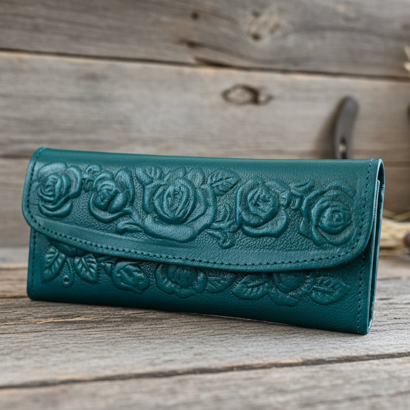 Hand-Tooled Leather Western Wallet – Teal Floral Bifold Clutch, Handcrafted in Mexico