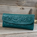 Hand-Tooled Leather Western Wallet – Teal Floral Bifold Clutch, Handcrafted in Mexico