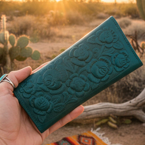Hand-Tooled Leather Western Wallet – Teal Floral Bifold Clutch, Handcrafted in Mexico