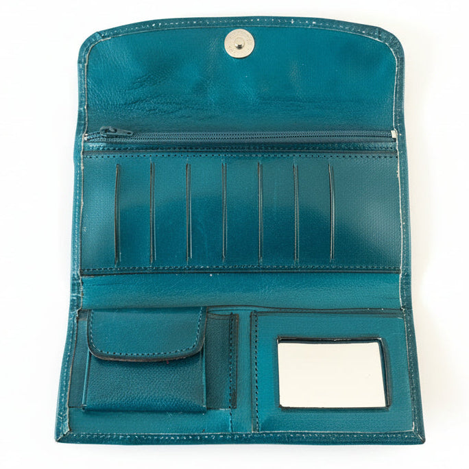 Hand-Tooled Leather Western Wallet – Teal Floral Bifold Clutch, Handcrafted in Mexico