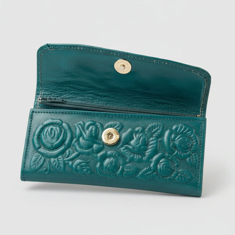Hand-Tooled Leather Western Wallet – Teal Floral Bifold Clutch, Handcrafted in Mexico