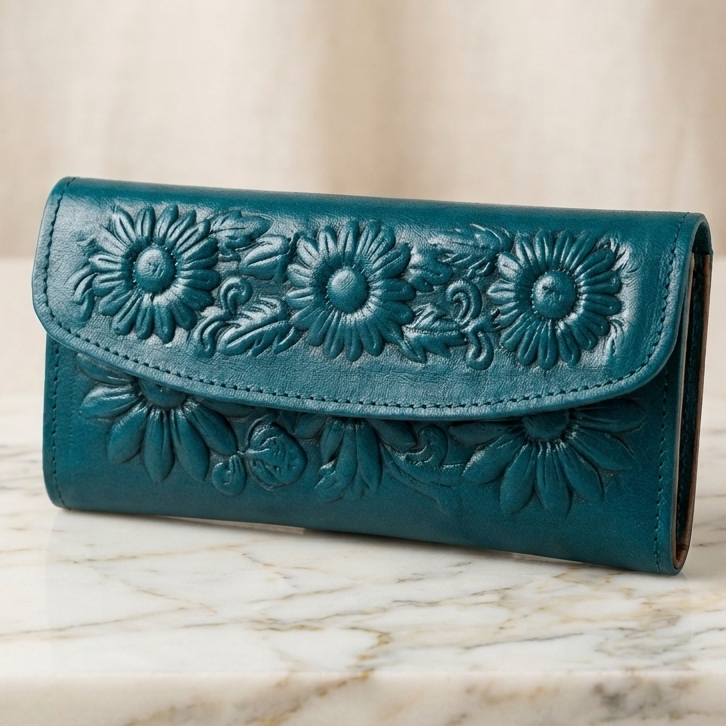 Hand-Tooled Leather Western Wallet – Teal Floral Bifold Clutch, Handcrafted in Mexico