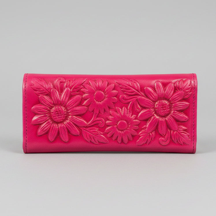 Hand-Tooled Leather Western Wallet – Pink Floral Bifold Clutch, Handcrafted in Mexico