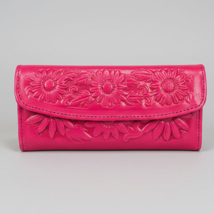 Hand-Tooled Leather Western Wallet – Pink Floral Bifold Clutch, Handcrafted in Mexico