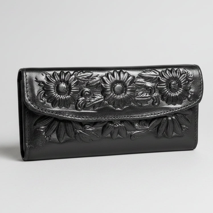 Ladies Leather Western Wallet – Hand-Tooled Floral Bifold | Black