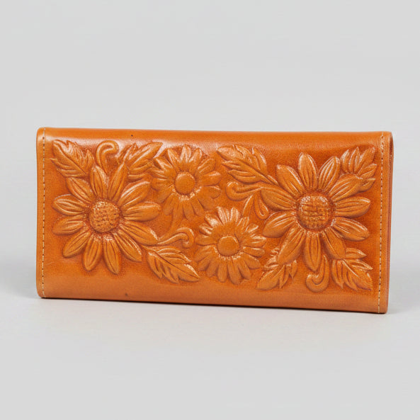 Hand-Tooled Tan Floral Leather Western Wallet