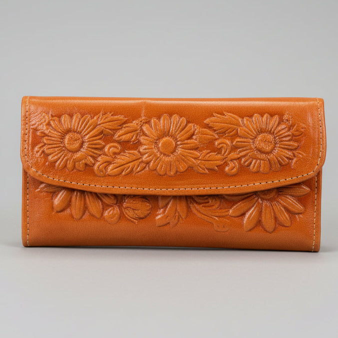 Ladies Leather Western Wallet – Hand-Tooled Floral Bifold | Tan