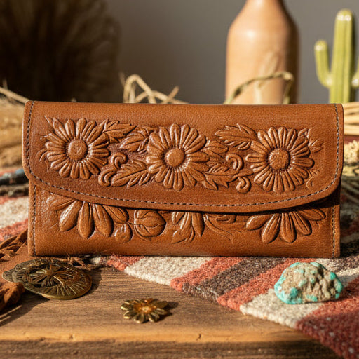 Ladies Leather Western Wallet – Hand-Tooled Floral Bifold | Dark Brown