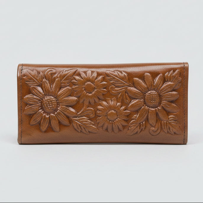 Ladies Leather Western Wallet – Hand-Tooled Floral Bifold | Dark Brown
