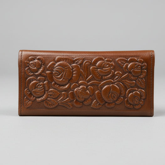 Ladies Leather Western Wallet – Hand-Tooled Floral Bifold | Dark Brown