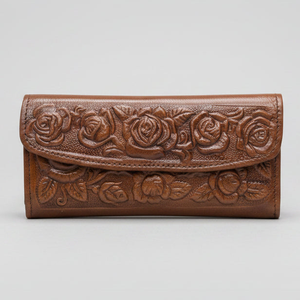 Ladies Leather Western Wallet – Hand-Tooled Floral Bifold | Dark Brown