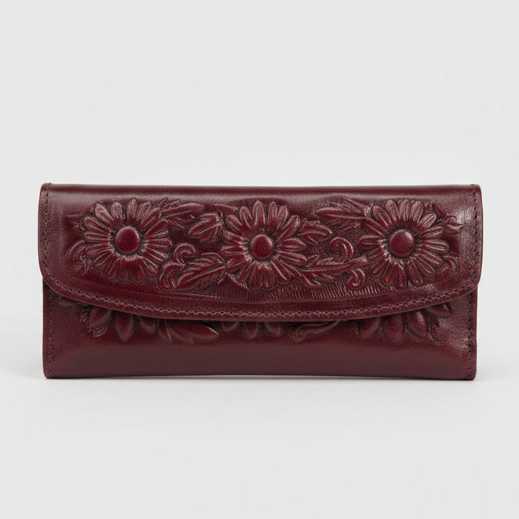 Hand-Tooled Leather Western Wallet – Maroon Floral Bifold Clutch, Handcrafted in Mexico